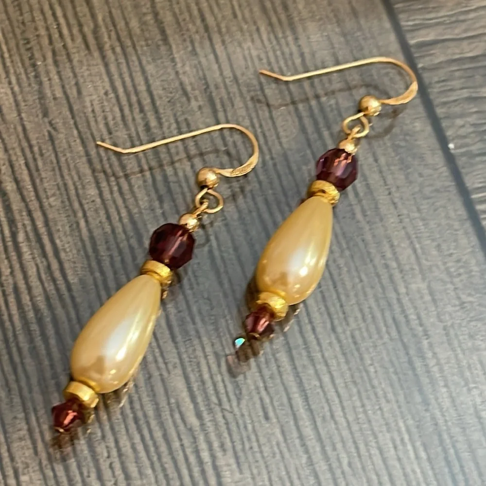 Vintage 14kt Gold Filled Faux Pearl & Purple AB Dangle Earrings